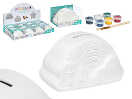 Pincello Hucha para Pintar Arcoiris con 6 Colores y Pincel, Cerámica Blanca 13x8x8 cm (Set de 24)