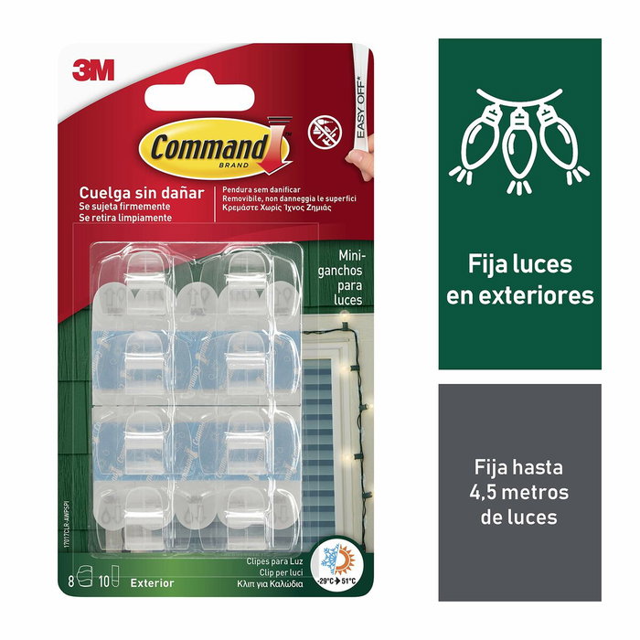 3M Command mini gancho para luces exterior transparente (8 uds + 10 tiras) 3M Command mini gancho para luces exterior transparente (8 uds + 10 tiras)