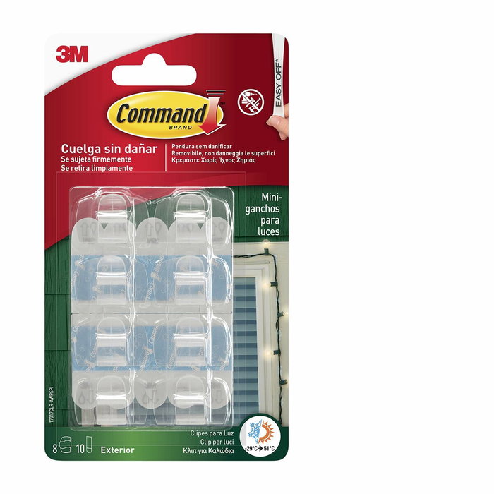 3M Command mini gancho para luces exterior transparente (8 uds + 10 tiras) 3M Command mini gancho para luces exterior transparente (8 uds + 10 tiras)