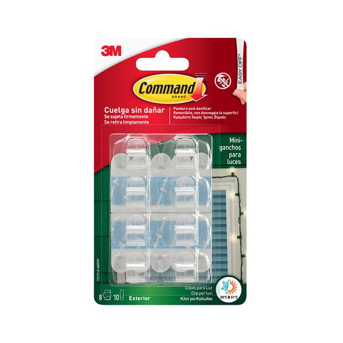 3M Command Mini Gancho para Luces, Exterior, Transparente, 8 uds + 10 Tiras de Montaje, 17017aw