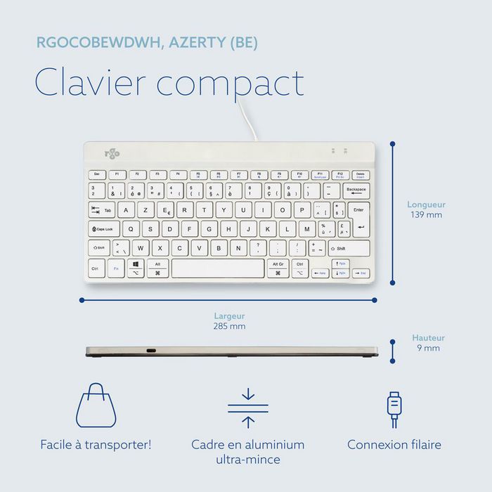 R-Go Tools Teclado Ergonómico R-Go Compact Break, AZERTY (BE), Cableado, Blanco, Software de Descanso Integrado