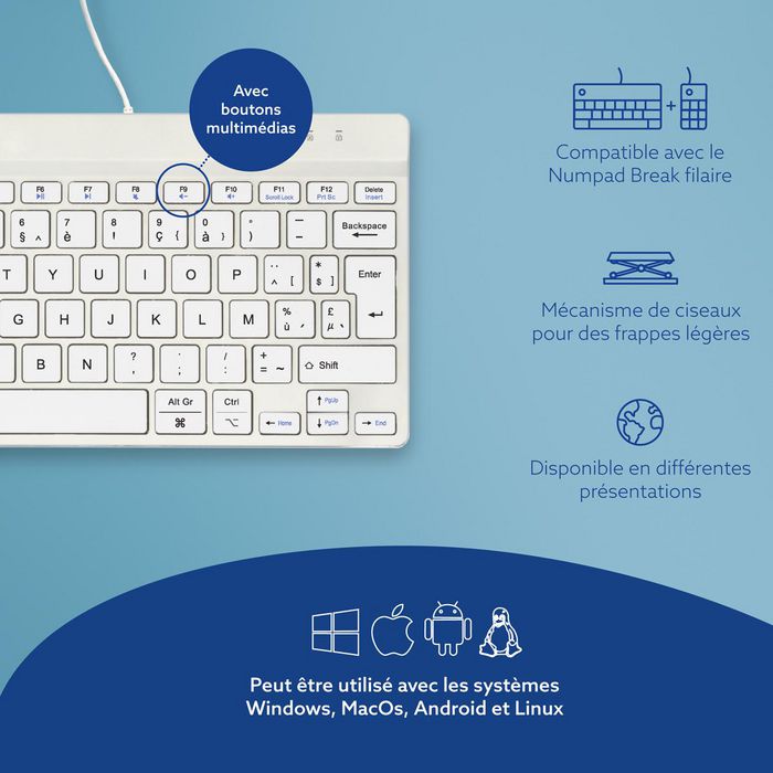R-Go Tools Teclado Ergonómico R-Go Compact Break, AZERTY (BE), Cableado, Blanco, Software de Descanso Integrado
