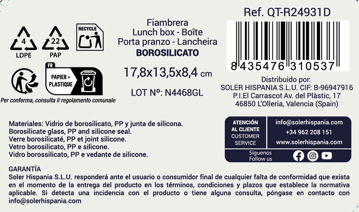Inde Fiambrera Rectangular Hermética 17.8 x 13.5 cm 800 cc (6 Unidades)