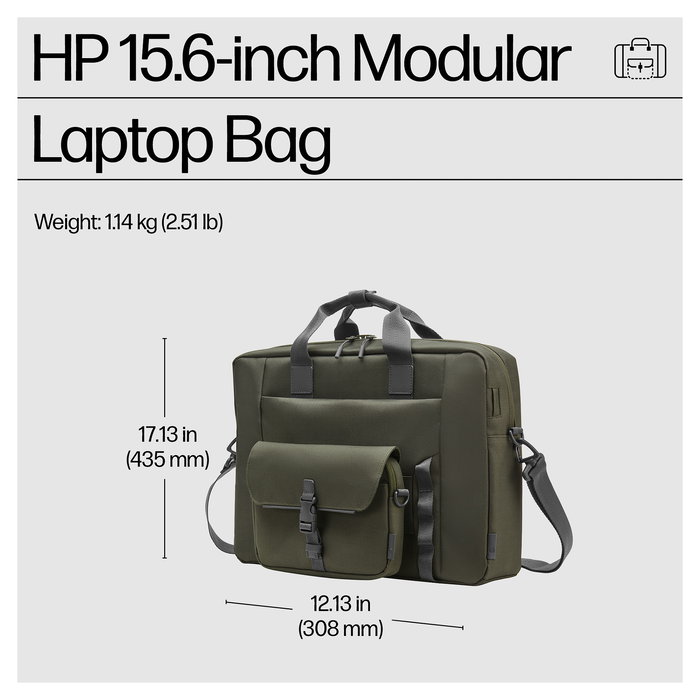 HP Bolsa Modular Bandolera para Portátil 15.6 Pulgadas (39.6 cm), Poliéster, Resistente al Agua, Gris/Verde, Hasta 1.14 kg