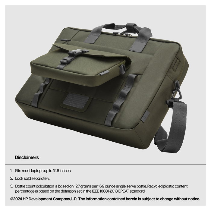 HP Bolsa Modular Bandolera para Portátil 15.6 Pulgadas (39.6 cm), Poliéster, Resistente al Agua, Gris/Verde, Hasta 1.14 kg
