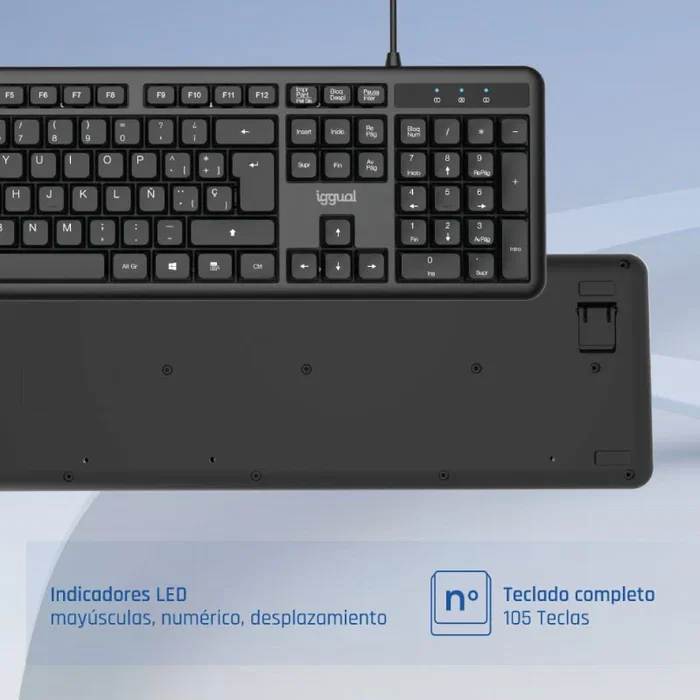 Iggual CK-OFFICE-105T Teclado de Oficina USB, QWERTY Español Completo 105 Teclas, Layout Español, Negro, Plug & Play, Antideslizante, Resistente a Salpicaduras