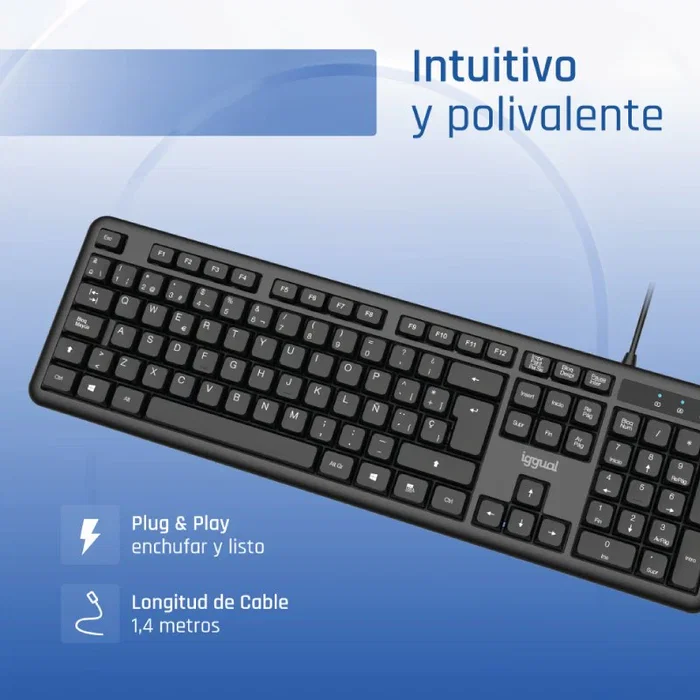 Iggual CK-OFFICE-105T Teclado de Oficina USB, QWERTY Español Completo 105 Teclas, Layout Español, Negro, Plug & Play, Antideslizante, Resistente a Salpicaduras