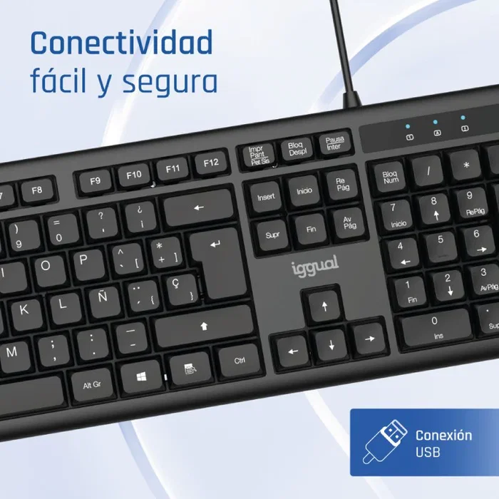 Iggual CK-OFFICE-105T Teclado de Oficina USB, QWERTY Español Completo 105 Teclas, Layout Español, Negro, Plug & Play, Antideslizante, Resistente a Salpicaduras