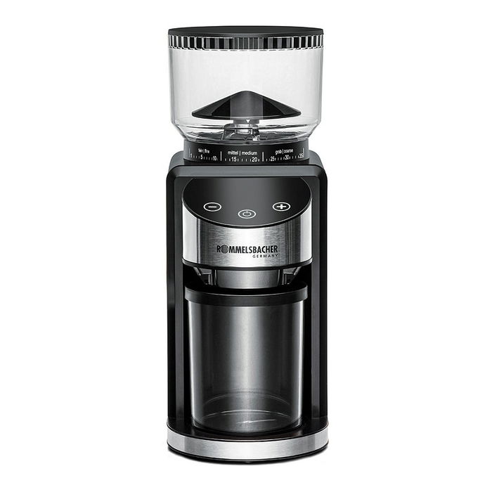 ROMMELSBACHER EKM 400 Molinillo de café eléctrico, 220g capacidad, muelas cónicas de acero inoxidable, 35 ajustes, color negro y acero