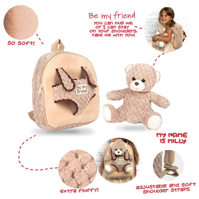 PERLETTI Mochila con Peluche Oso Milly 26cm PERLETTI Mochila con Peluche Oso Milly 26cm