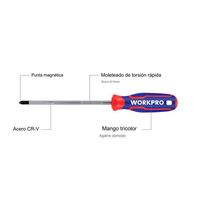 Workpro Destornillador Phillips PH0 x 75 mm Mango Ergonómico Cuerpo Cromo-Vanadio