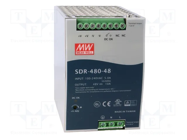 MEAN WELL SDR-480-48 Fuente de alimentación de 48V y 480W para carril DIN MEAN WELL SDR-480-48 Fuente de alimentación de 48V y 480W para carril DIN