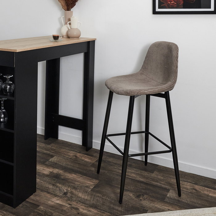 Home Deco Factory Taburete Bar Scott Cocooning Madera Hierro Poliéster Acanalado Tapizado 70.5 cm Altura Asiento 100.5 cm Alto