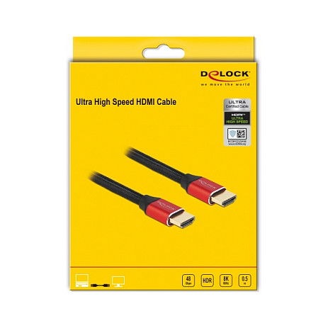 DeLOCK Cable HDMI Ultra Alta Velocidad 48 Gbps 8K 60Hz HDR, 0.5 metros, Rojo y Negro, Certificado HDMI 2.1, ARC, Dolby Vision, para Consolas, PC, TV