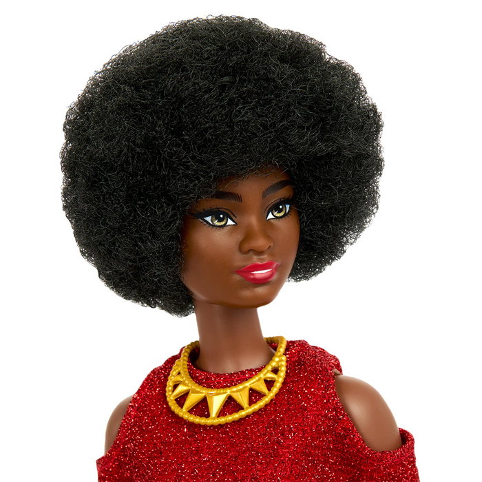 Barbie HRH18 Muñeca Fashionista 65 Aniversario Piel Negra Vestido Rojo con Hombros Abiertos, Tacones y Collar +3 años