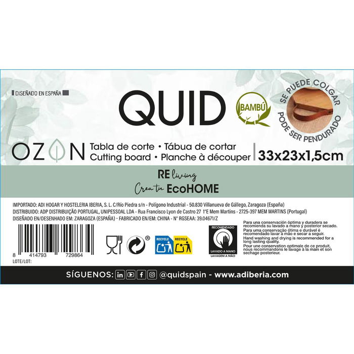 Tabla Bambú y Asa Simil Cuero Ozon Quid 33x23 cm (12 Unidades) Tabla Bambú y Asa Simil Cuero Ozon Quid 33x23 cm (12 Unidades)