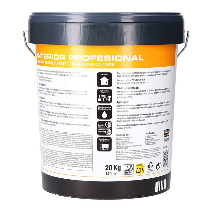 Koma Tools Pintura Plástica Vinílica Interior Blanco Mate 20 kg Lavable Cubrición 140m²