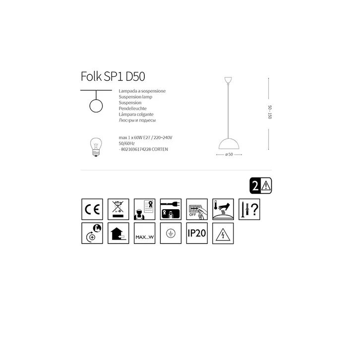 Folk Lámpara Colgante Suspendida Folk Techo E27 1 Luz Sin Bombilla Modelo I-L-174228