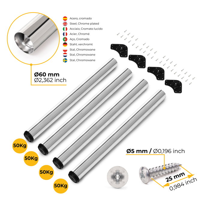 Emuca Lote de 4 patas para mesa, diámetro 60mm, H 710mm, Acero, Cromado Emuca Lote de 4 patas para mesa, diámetro 60mm, H 710mm, Acero, Cromado
