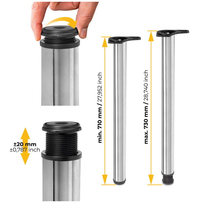 Emuca Lote de 4 patas para mesa, diámetro 60mm, H 710mm, Acero, Cromado Emuca Lote de 4 patas para mesa, diámetro 60mm, H 710mm, Acero, Cromado