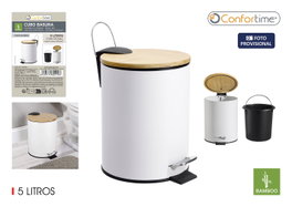 Confortime Cubo de basura con pedal de metal y bambú 5L Blanco