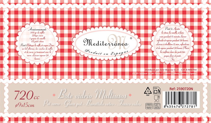 La Mediterranea Bote de Vidrio Norma con Tapa 720 ml / 720cc - 9 cm de diámetro x 15 cm de alto (12 Unidades)