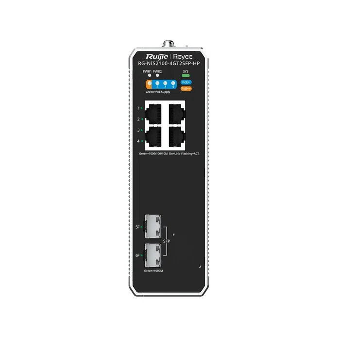 Ruijie Networks RG-NIS2100-4GT2SFP-HP Switch Industrial Gestionado L2, 4 Puertos RJ45, 2 SFP, PoE 180W