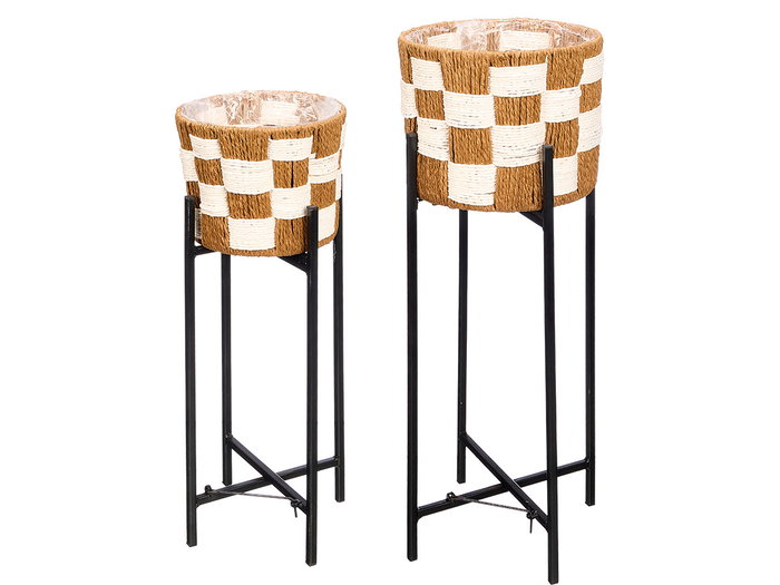 Ibergarden Set de 2 Maceteros de Mimbre Vichy con Patas de Metal, Blanco/Negro, 55.5x26x25 cm y 20x20x17 cm (Set de 6)