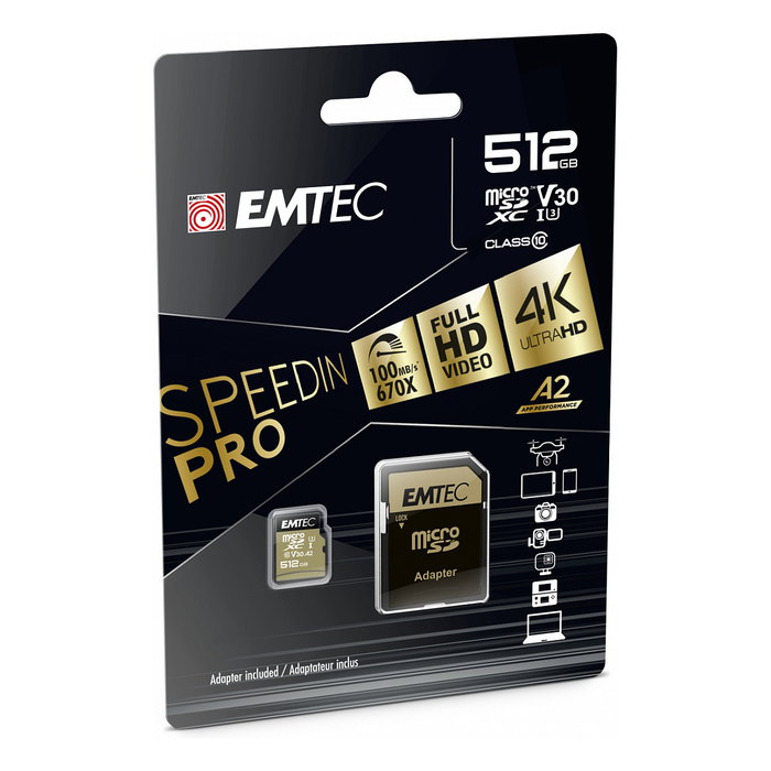 Emtec 512GB MicroSDXC UHS-I U3 V30 A2 SpeedIN Pro + Adaptador