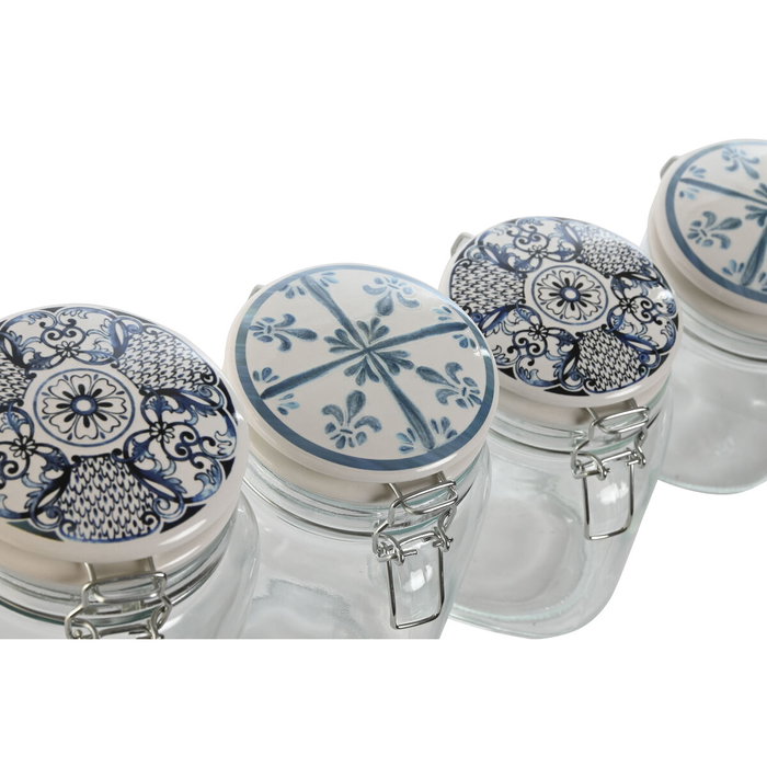 DKD Home Decor Set de 4 Botes de Cristal Azul y Blanco DKD Home Decor Set de 4 Botes de Cristal Azul y Blanco