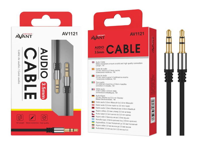 AVANT CONNECT Cable de Audio Jack 3.5mm Macho a Macho, Conector Fino, 1.5m, Negro - Para Auriculares, Altavoces