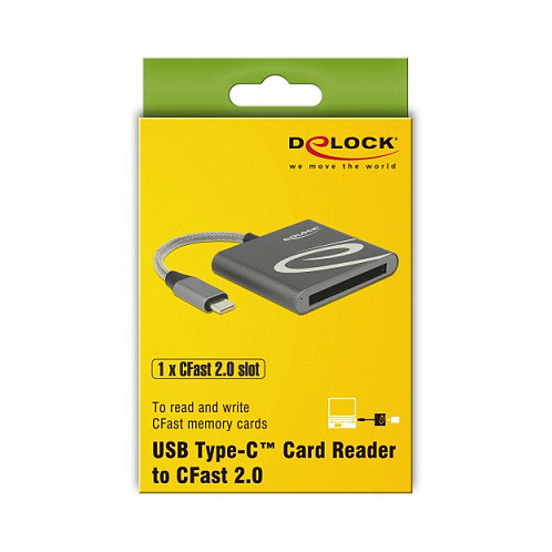 DeLOCK Lector de Tarjetas CFast 2.0 USB 3.2 Gen 1 Tipo-C 91745, Aluminio, Negro/Plata, Hasta 5000 Mbit/s, Plug & Play, para Windows, Mac, Linux