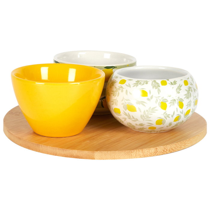 Bandeja Bambú Con 3 Bols Ceramic Home Deco Factory