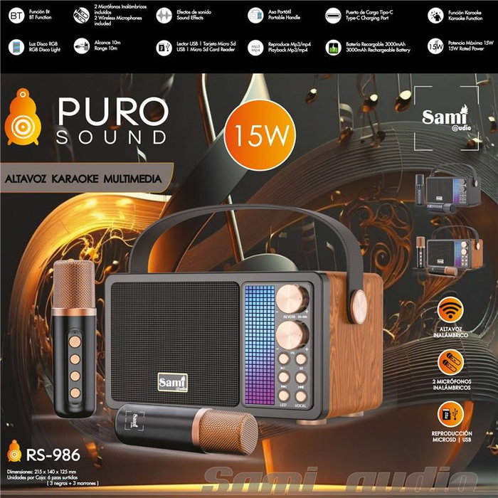 SAMI Altavoz Karaoke Puro Sound Multimedia - 15W - 2 Micrófonos Incluidos