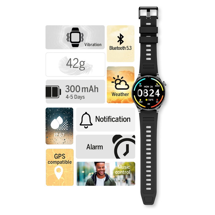 bea-fon Reloj Inteligente Watch 301 con GPS, Monitor de Frecuencia Cardíaca, Oxígeno en Sangre y Resistencia IP67