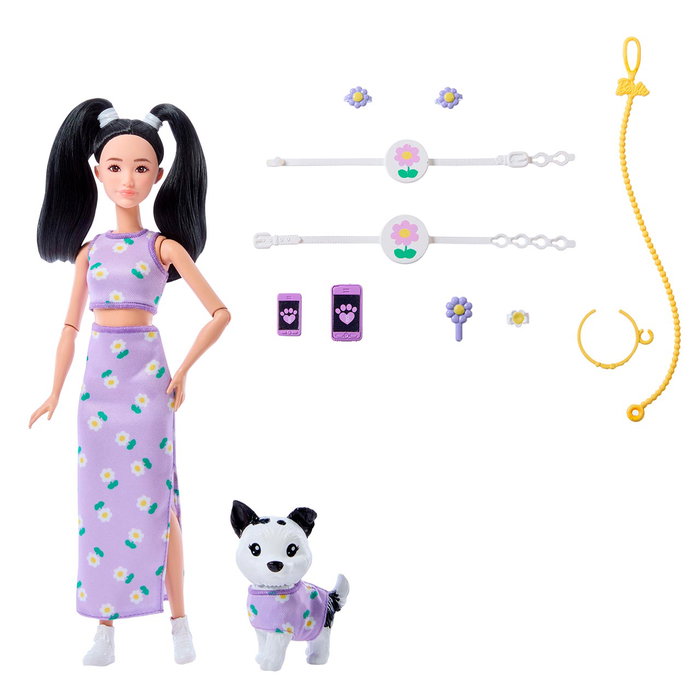 Barbie Muñeca Twinning Looks Asiática con Perro JFP39 Mattel - Conjunto a juego de margaritas moradas, falda larga, tenis, accesorios y collar para perro