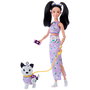 Barbie Muñeca Twinning Looks Asiática con Perro JFP39 Mattel - Conjunto a juego de margaritas moradas, falda larga, tenis, accesorios y collar para perro