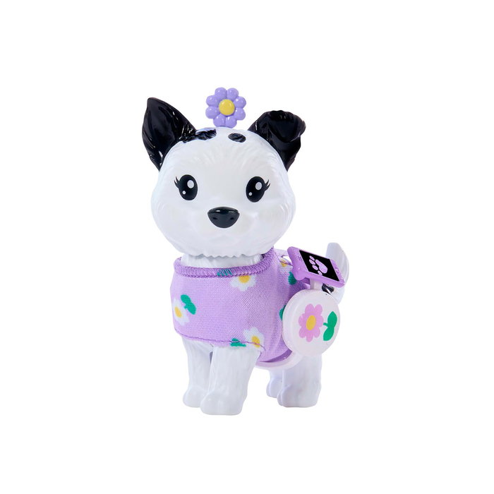 Barbie Muñeca Twinning Looks Asiática con Perro JFP39 Mattel - Conjunto a juego de margaritas moradas, falda larga, tenis, accesorios y collar para perro