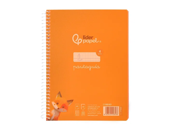 Liderpapel Cuaderno espiral A5 Pautaguía Tapa Plástico 80h 90gr Cuadro Pautado 4mm Color Naranja