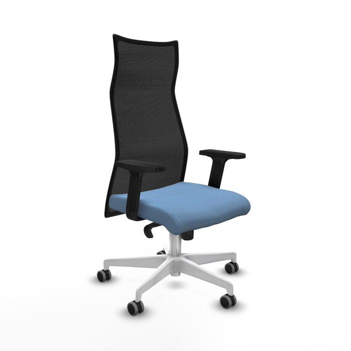 PIQUERAS Y CRESPO Sillón Albacete con Mecanismo Sincro, Tela Azul Cielo y Malla Negra, Base Blanca, Brazos 2D, Ruedas 65mm PIQUERAS Y CRESPO Sillón Albacete con Mecanismo Sincro, Tela Azul Cielo y Malla Negra, Base Blanca, Brazos 2D, Ruedas 65mm