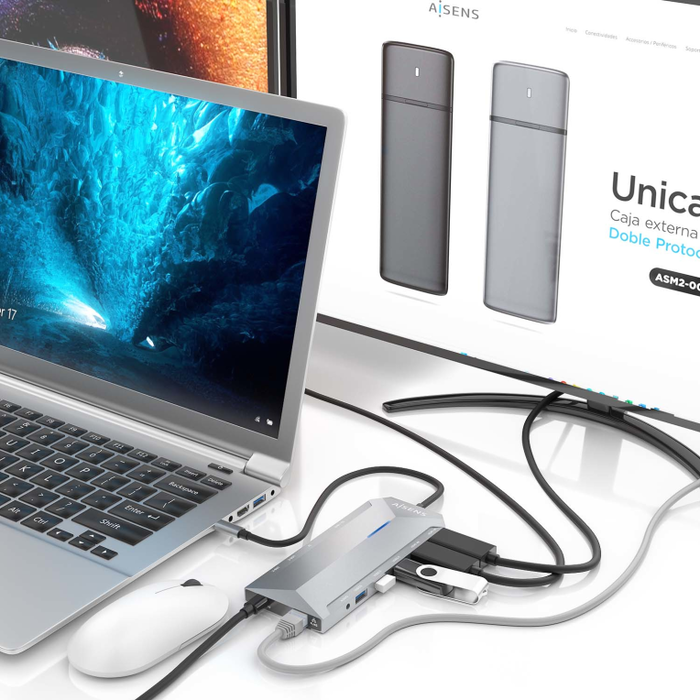 Aisens USB-C Dock 12 en 1 con 2xHDMI 4K, RJ45 y PD 100W, Gris