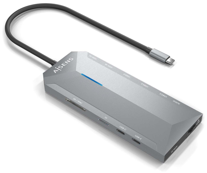 Aisens USB-C Dock 12 en 1 con 2xHDMI 4K, RJ45 y PD 100W, Gris
