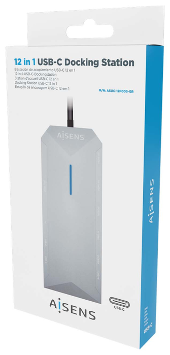Aisens USB-C Dock 12 en 1 con 2xHDMI 4K, RJ45 y PD 100W, Gris