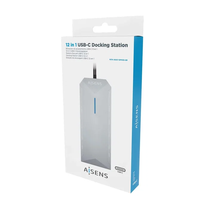 AISENS USB-C Dock 12 en 1 con 2xHDMI 4K, RJ45 y USB, Gris