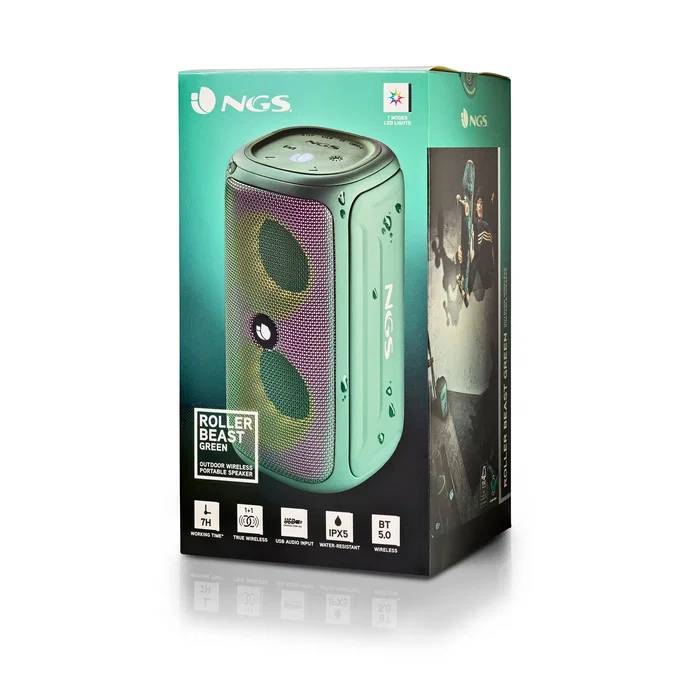 NGS Roller Beast Altavoz Bluetooth Portátil 32W, Verde, Impermeable IPX5, Bluetooth 5.0, TWS Stereo, Luces RGB, con USB-C, Radio FM y Correa