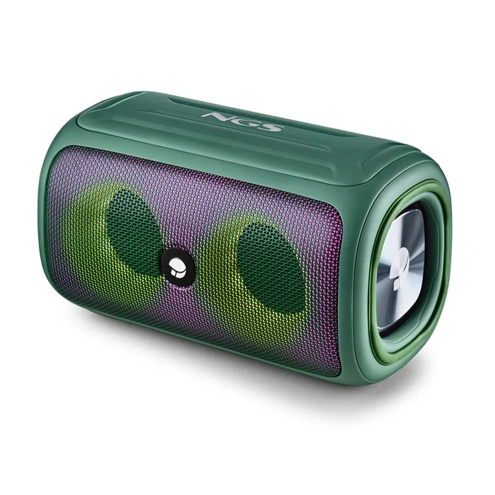 NGS Roller Beast Altavoz Bluetooth Portátil 32W, Verde, Impermeable IPX5, Bluetooth 5.0, TWS Stereo, Luces RGB, con USB-C, Radio FM y Correa