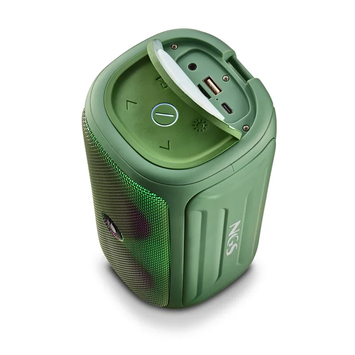 NGS Roller Beast Altavoz Bluetooth Portátil 32W, Verde, Impermeable IPX5, Bluetooth 5.0, TWS Stereo, Luces RGB, con USB-C, Radio FM y Correa
