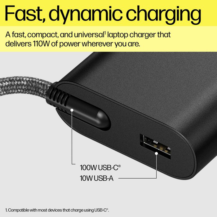 HP Cargador de Portátil 110W con USB-C (100W) y USB-A (10W) para Carga Simultánea - Modelo de Repuesto o Viaje