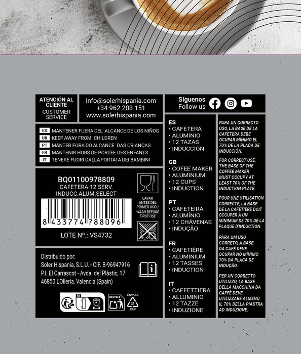 Inde Cafetera 12 servicios 600ml Inducción Aluminio Select (6 Unidades)