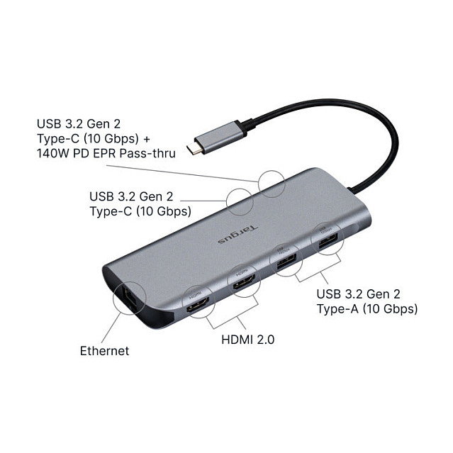 Targus DOCK427GL Docking Station USB-C Dual HDMI 4K 140W - 2 Puertos HDMI 2.0, Ethernet 1000 Mbit/s, USB 3.2 Gen 2, Compatible con Windows/Mac/Linux, Color Gris
